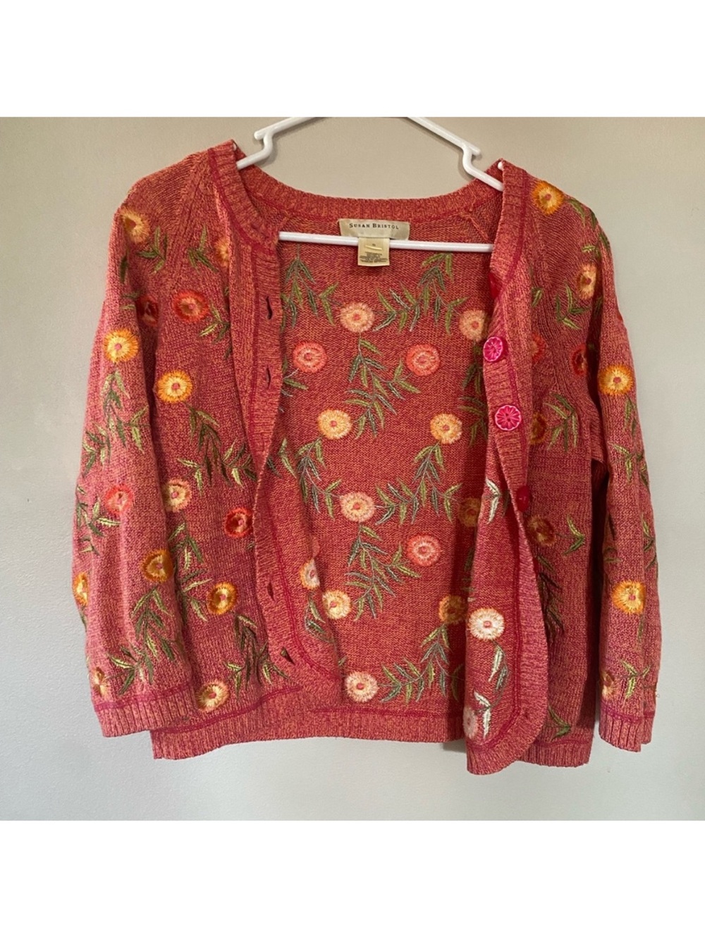 Susan Bristol Coral Floral Embroidered Button-Front Sweater